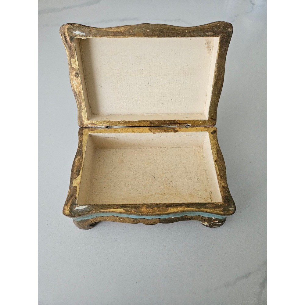 Florentine Jewelry Box Women OS Turquoise Gold Good Italian Wood Gilt Footed VTG - Picture 2 of 8